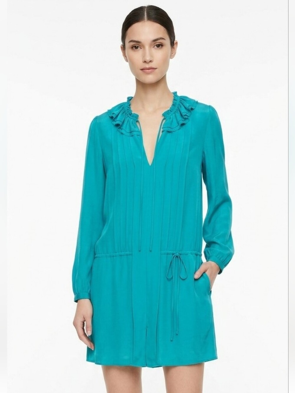 ​BCBGMAXAZRIA 100% Silk Ruffle V-Neck Drop Waist Mini Dress - Teal -  XS